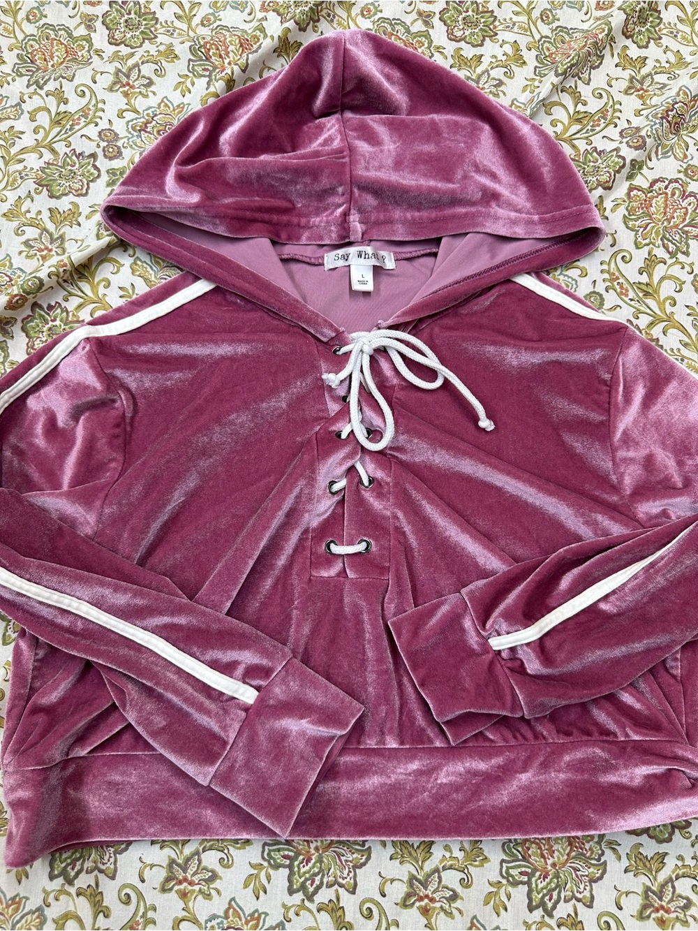 Say What? Rose Pink Velvet Lace-Up Hoodie